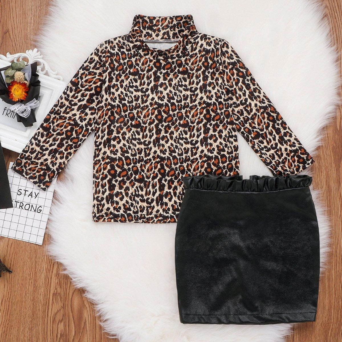 New Girl Leopard Print Long Sleeve Top with Buttocks Leather Skirt 2 Pcs Outfits - MomyMall