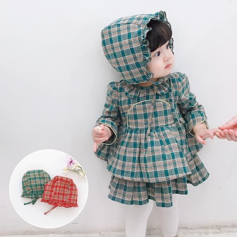 Children Baby Girl Lolita Dress Plaid Style Dress+Hat 2 Pcs - MomyMall Green / 66cm (3-6Months)