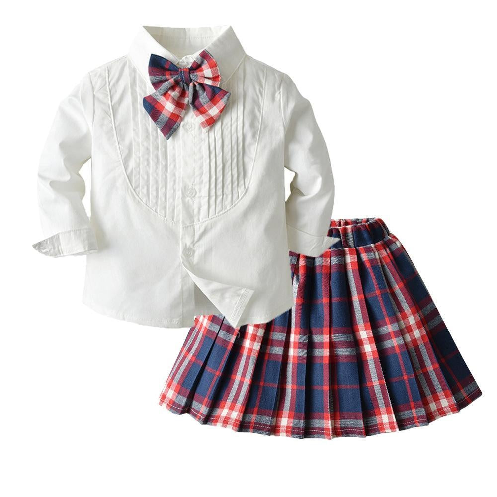 Girl Suit Long-sleeved Bow Tie Plaid Pleated Skirts 2 Pcs - MomyMall