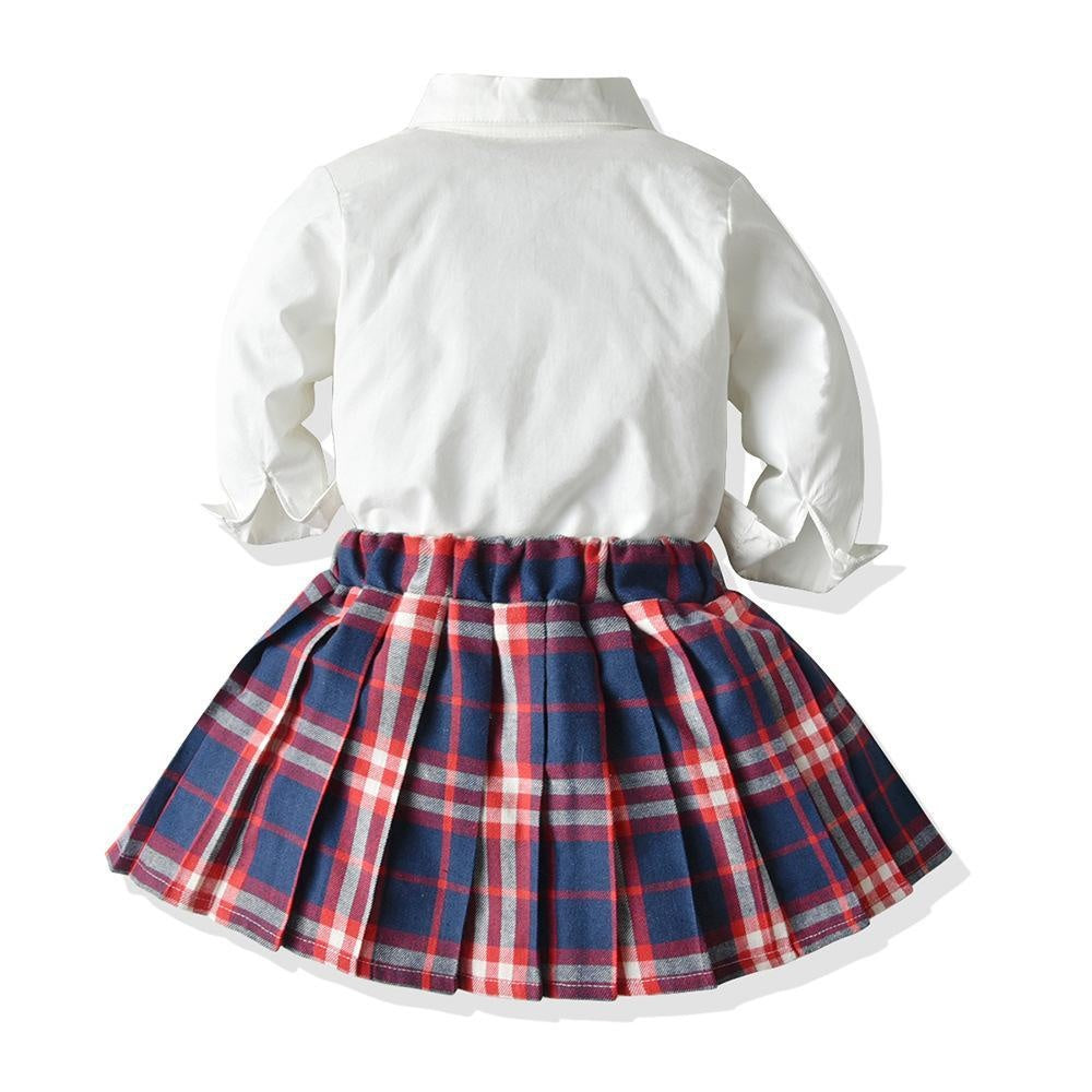 Girl Suit Long-sleeved Bow Tie Plaid Pleated Skirts 2 Pcs - MomyMall