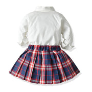 Girl Suit Long-sleeved Bow Tie Plaid Pleated Skirts 2 Pcs - MomyMall