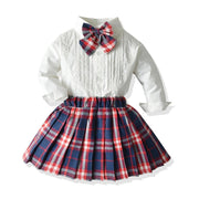 Girl Suit Long-sleeved Bow Tie Plaid Pleated Skirts 2 Pcs - MomyMall White / 6-12 Months