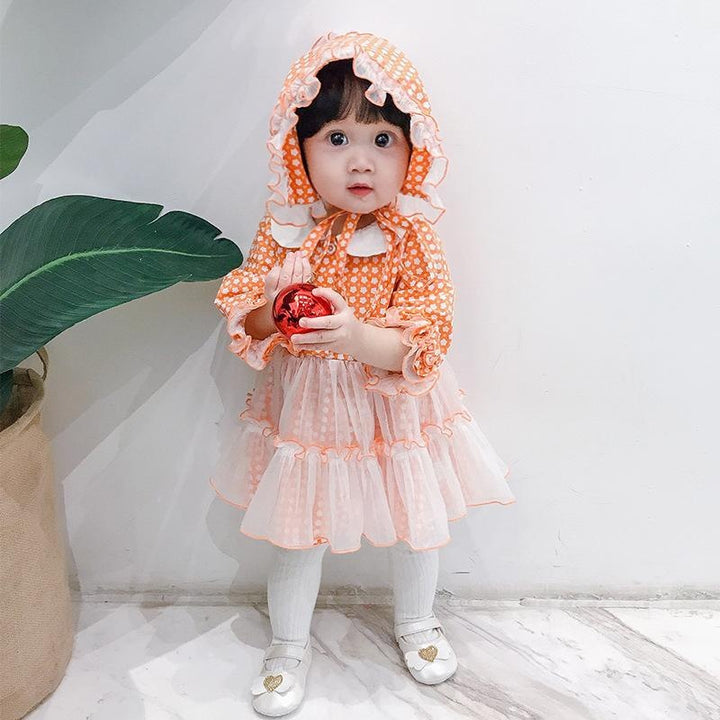 Kids Dress Lolita Little Flower Doll Collar Skirt Sweet Mesh Princess Dress With Hats 2 Pcs - MomyMall Orange / 3-6 Months