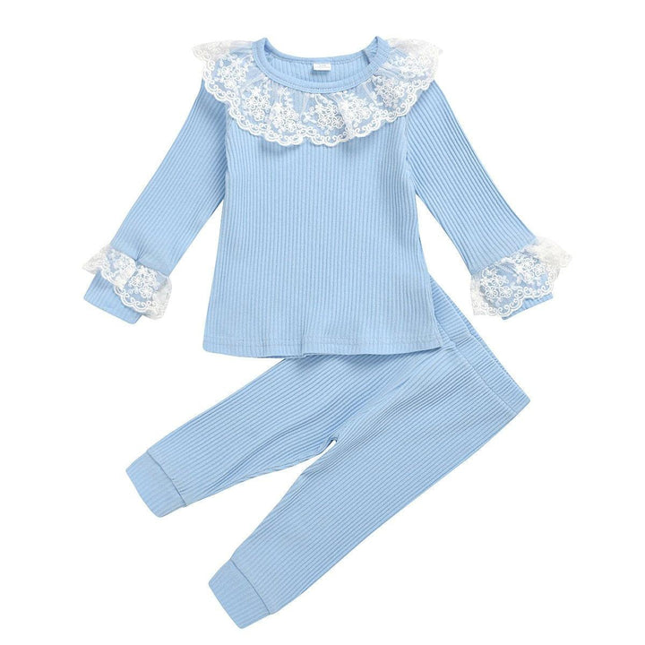 Girl Lace Round Neck Pit Stripe Long Sleeve Top and Trousers Pajamas 2 Pcs - MomyMall Light blue / 100cm:2-3years