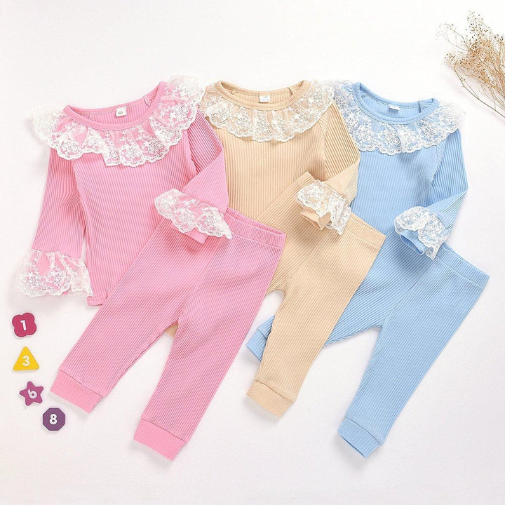 Girl Lace Round Neck Pit Stripe Long Sleeve Top and Trousers Pajamas 2 Pcs - MomyMall
