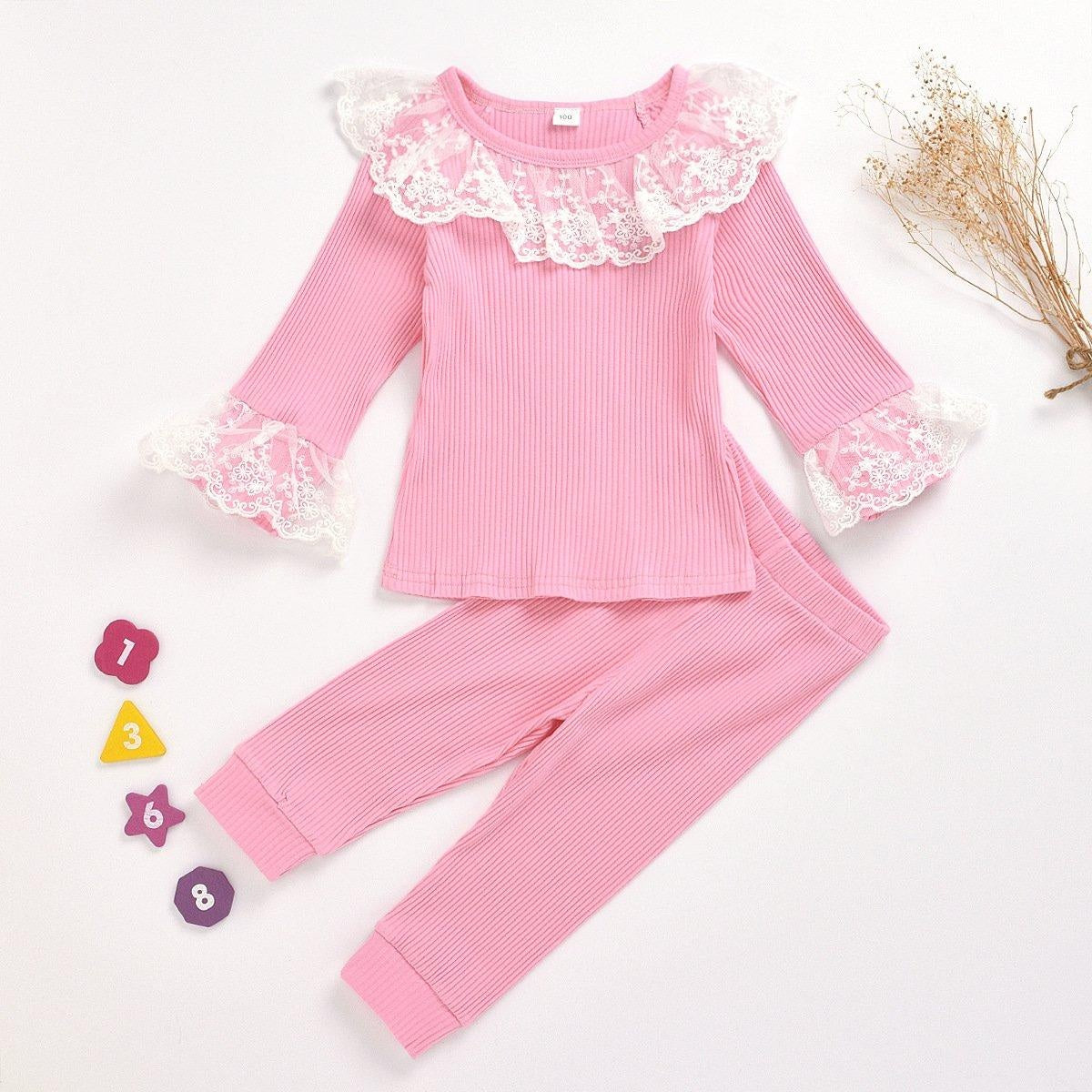 Girl Lace Round Neck Pit Stripe Long Sleeve Top and Trousers Pajamas 2 Pcs - MomyMall Pink / 100cm:2-3years