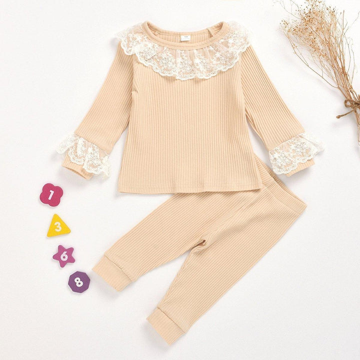 Girl Lace Round Neck Pit Stripe Long Sleeve Top and Trousers Pajamas 2 Pcs - MomyMall Yellow / 100cm:2-3years