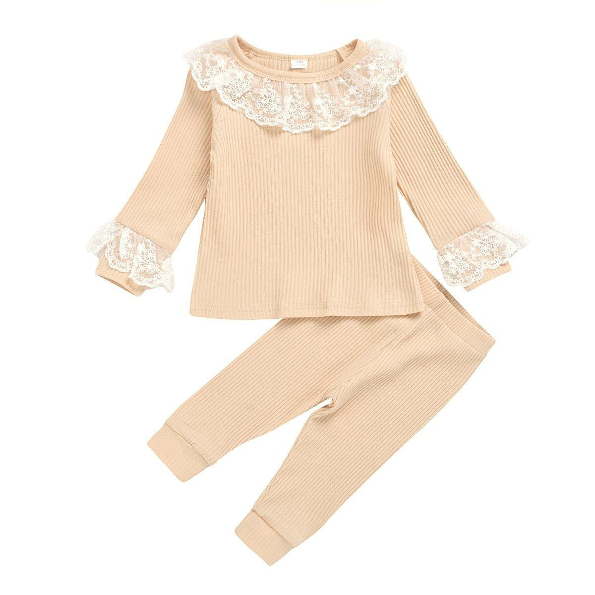 Girl Lace Round Neck Pit Stripe Long Sleeve Top and Trousers Pajamas 2 Pcs - MomyMall