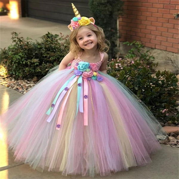 Girls Unicorn Flower Tutu Dress Crochet Tulle Birthday Dress Party Costume - MomyMall