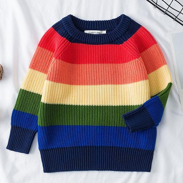 Toddler Girl Tops Winter Colorful Striped Knitted Thermal Sweater - MomyMall Blue Multi / 2-3 Years