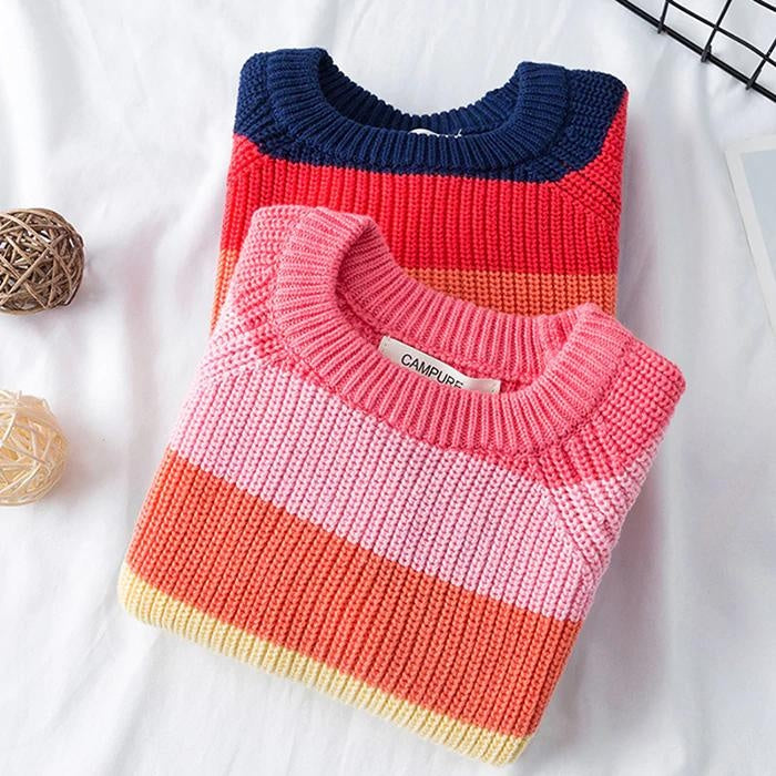 Toddler Girl Tops Winter Colorful Striped Knitted Thermal Sweater - MomyMall