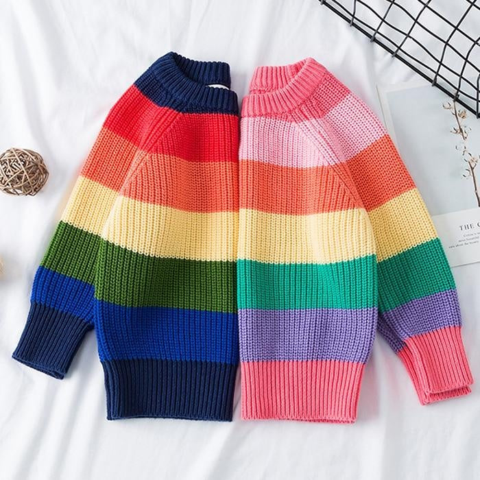 Toddler Girl Tops Winter Colorful Striped Knitted Thermal Sweater - MomyMall