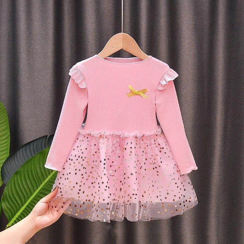 Girls Dress Autumn Fluffy Tops Net Yarn Princess Dress 0-6 Years - MomyMall Pink / 6 -9M