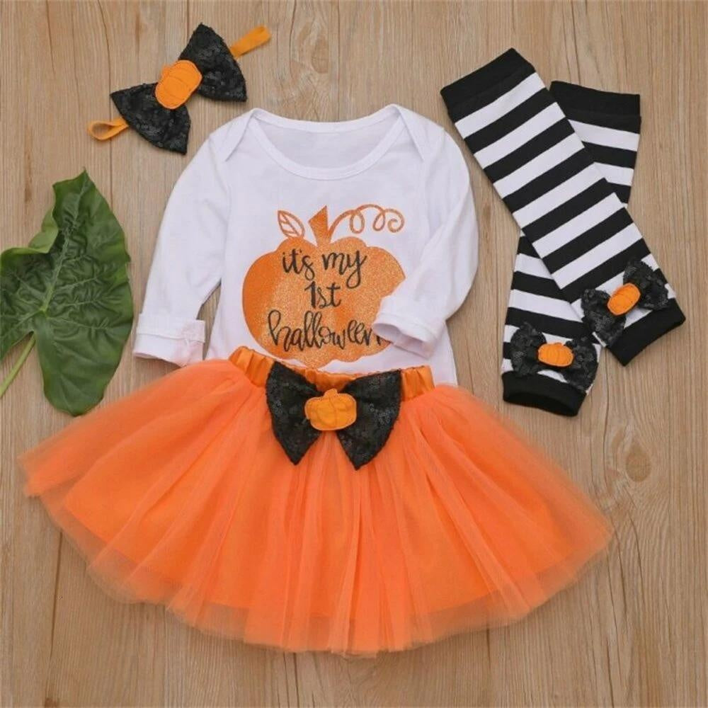 Baby Girl Fashion Halloween Dress+Tops+Headbands+Stocking 4 Pcs Set 0-24 Months - MomyMall