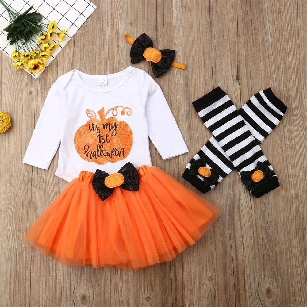 Baby Girl Fashion Halloween Dress+Tops+Headbands+Stocking 4 Pcs Set 0-24 Months - MomyMall Style 3 / 3-6 Months