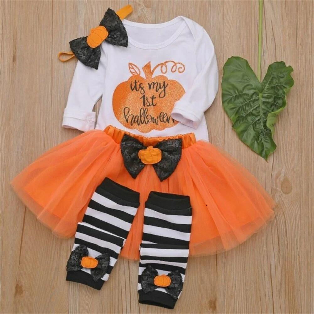 Baby Girl Fashion Halloween Dress+Tops+Headbands+Stocking 4 Pcs Set 0-24 Months - MomyMall