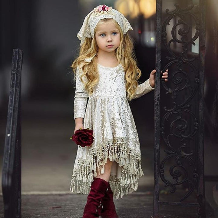 Kids Girls Party Gowns Long Sleeve Baby Dresses - MomyMall Silver / 6-12M
