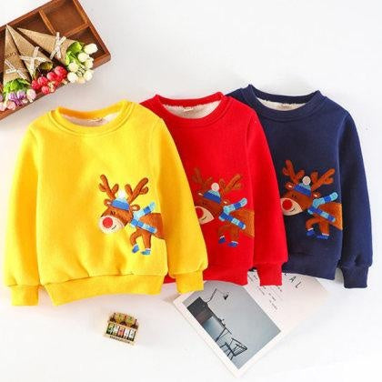 Girl Boys Clothing Cartoon Elk Plus Velvet Sweater 2-7 Years - MomyMall