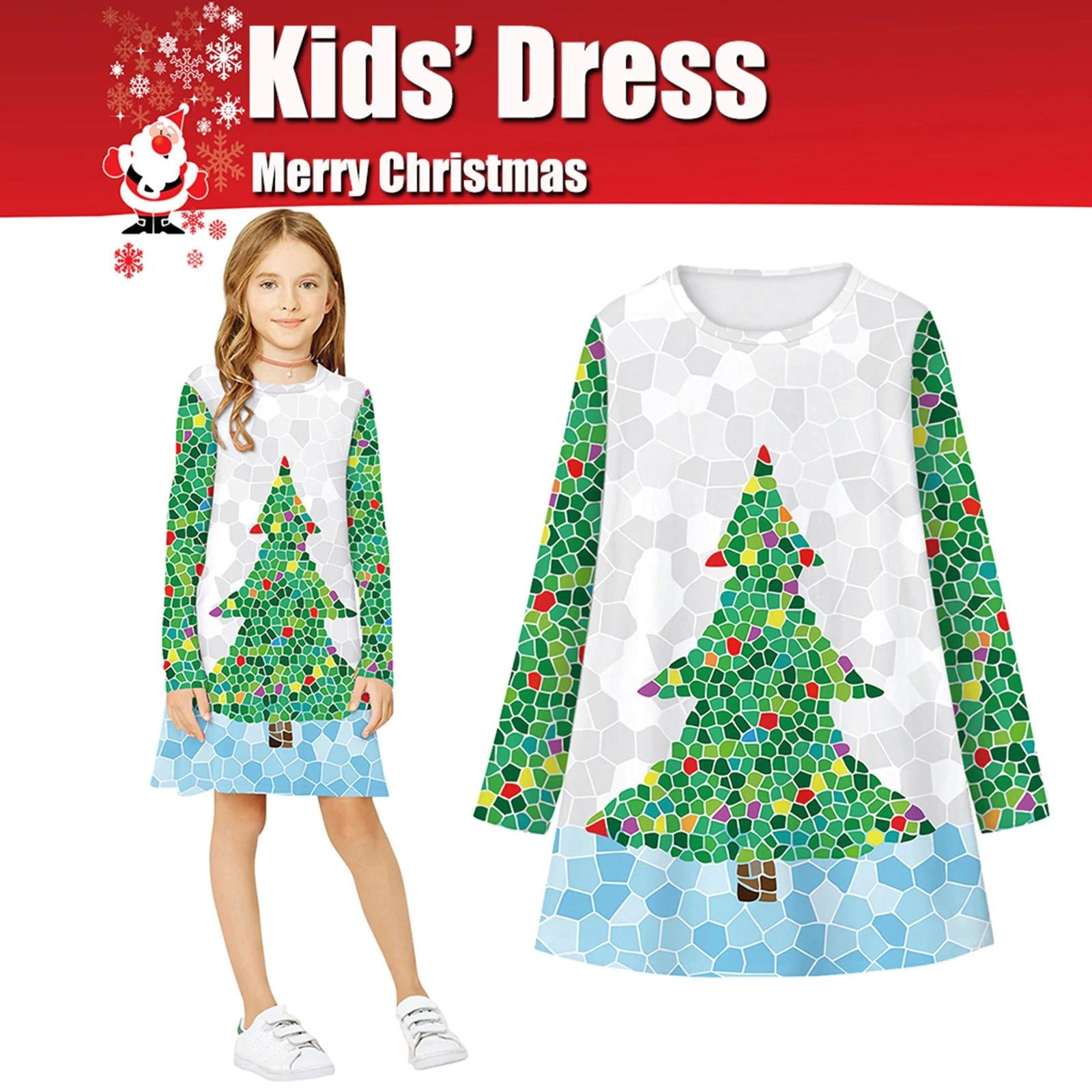 Girls Christmas Digital Cartoon Print A-Line Long T-shirt