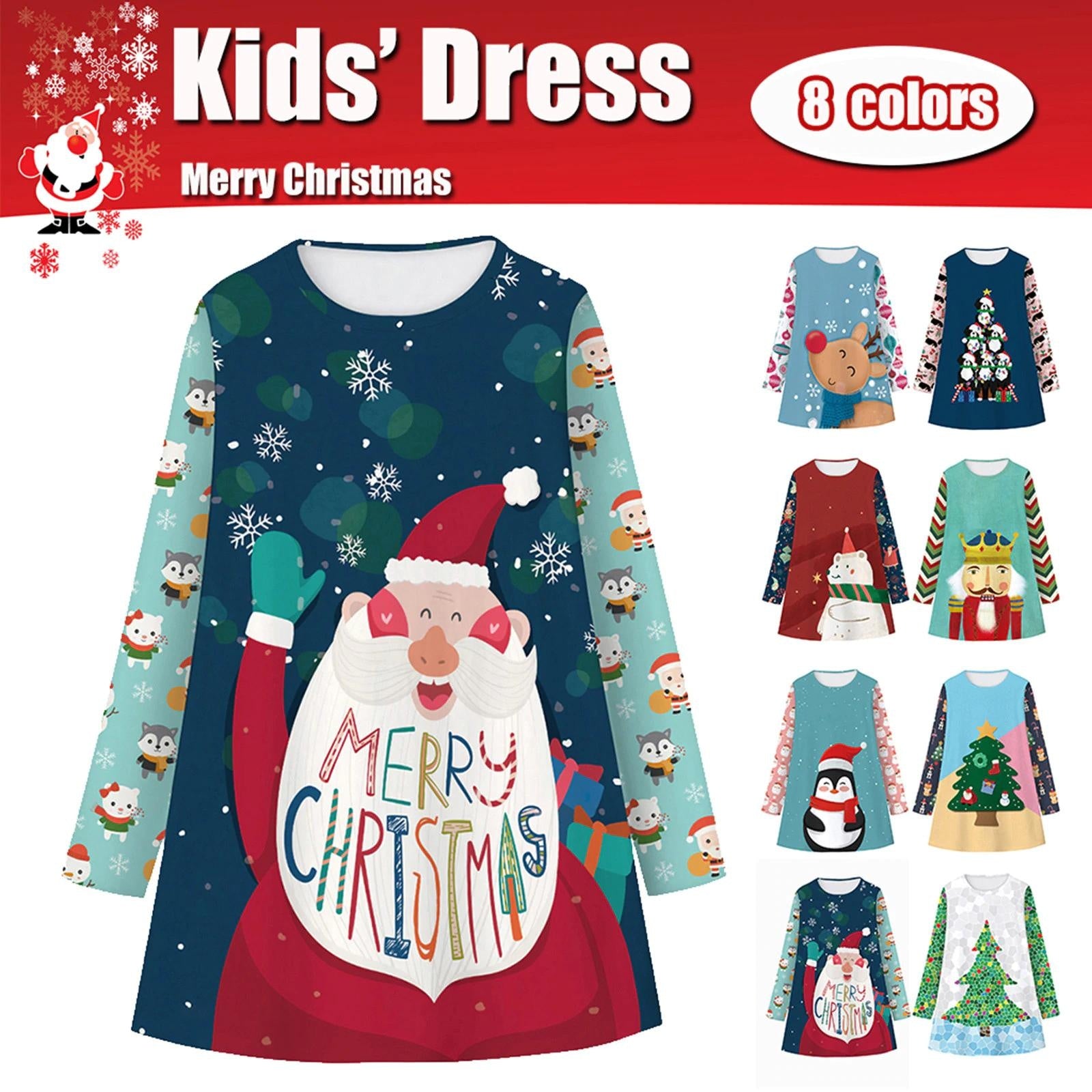 Girls Christmas Digital Cartoon Print A-Line Long T-shirt