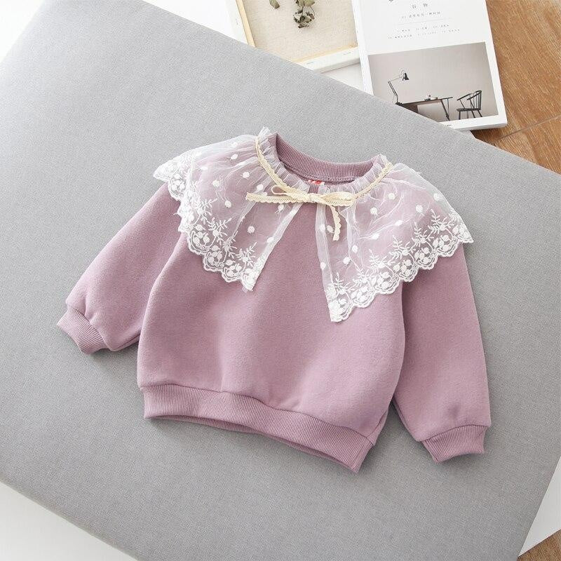 Girls Velvet Lace Side Collar Winter Wool Fleece Sweaters