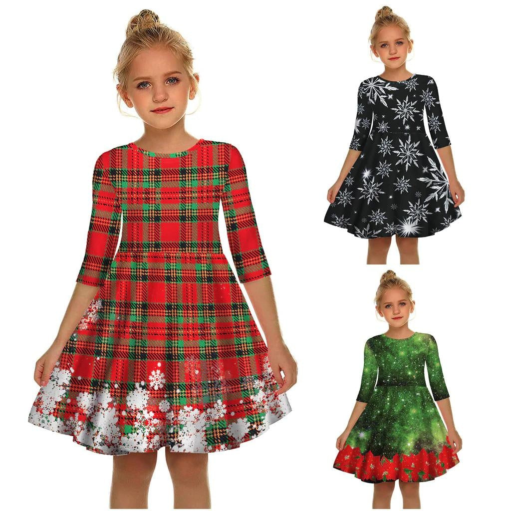 Kids Girl Christmas Digital Printing Tide Fan Sleeve Dresses