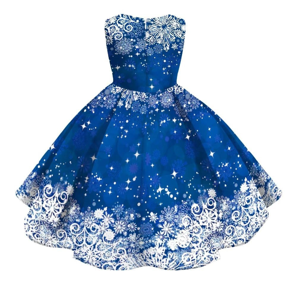 Kids Girl Snowflake Digital Printing Christmas Lovely Sleeveless Princess Dresses - MomyMall