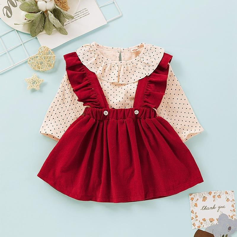 Girl Ruffles Polka Dot Print Tops Strap Dresses 2 Pcs