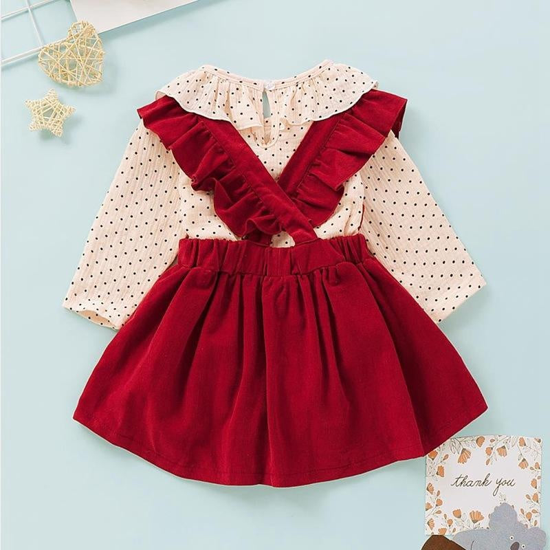 Girl Ruffles Polka Dot Print Tops Strap Dresses 2 Pcs