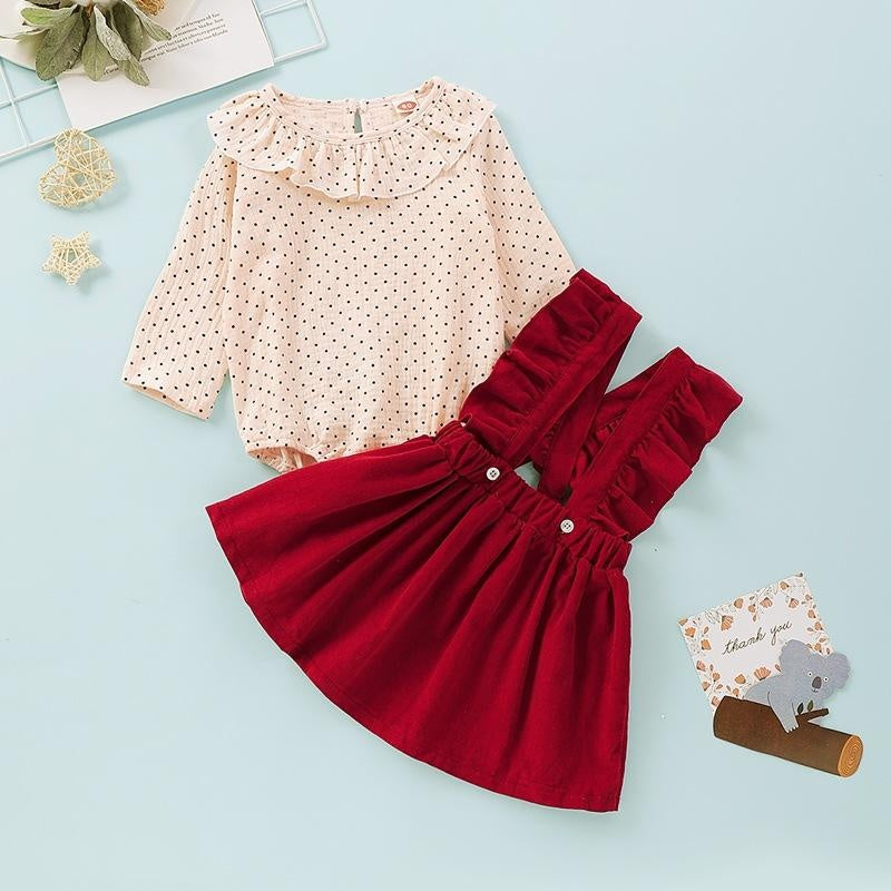 Girl Ruffles Polka Dot Print Tops Strap Dresses 2 Pcs