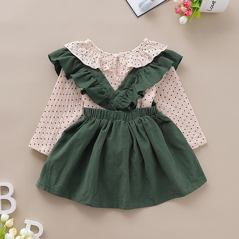 Girl Ruffles Polka Dot Print Tops Strap Dresses 2 Pcs