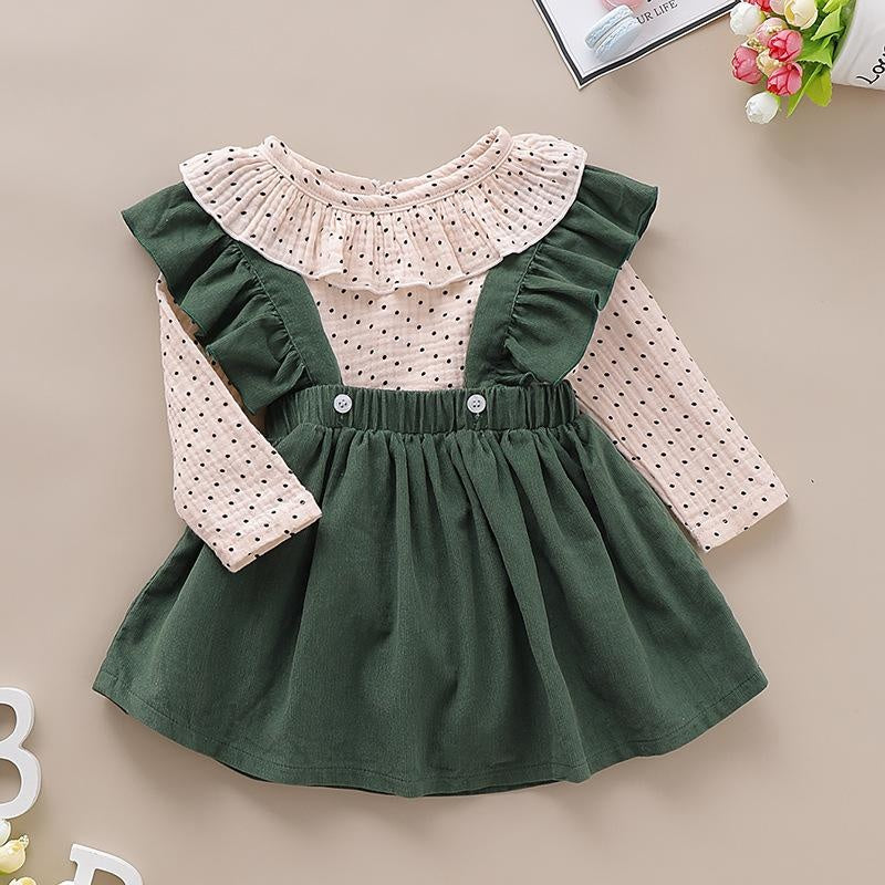 Girl Ruffles Polka Dot Print Tops Strap Dresses 2 Pcs