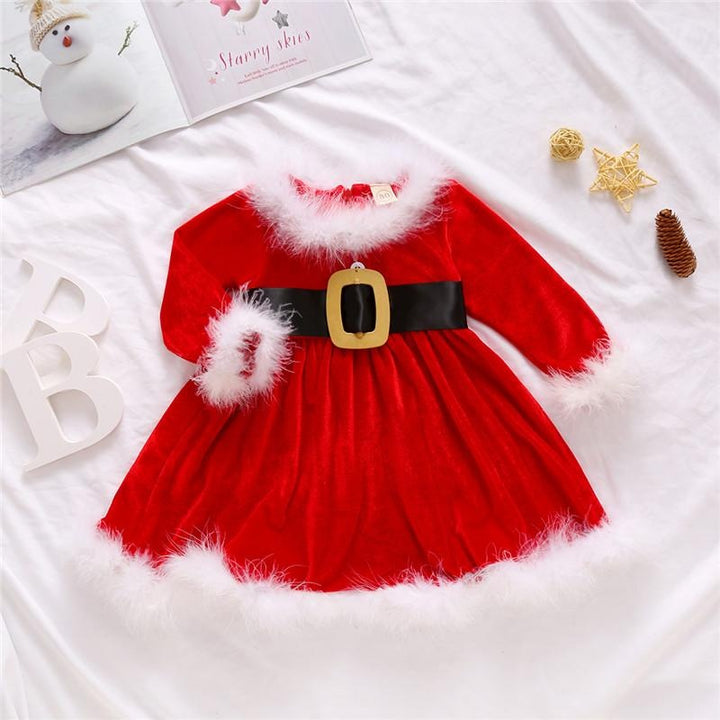 Girl Christmas Fur Edge Red Dress With Belt - MomyMall