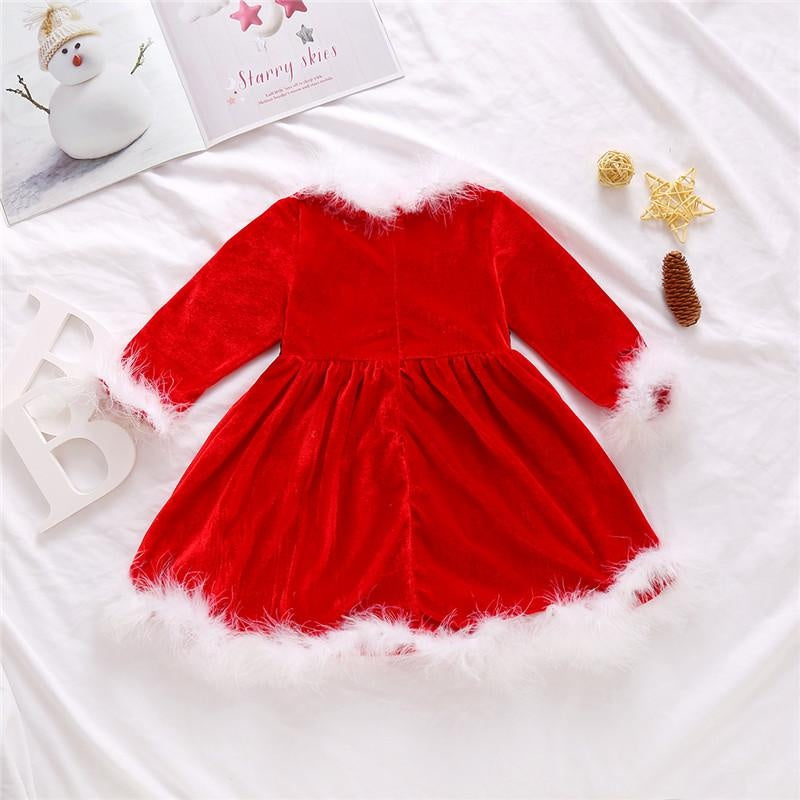 Girl Christmas Fur Edge Red Dress With Belt - MomyMall