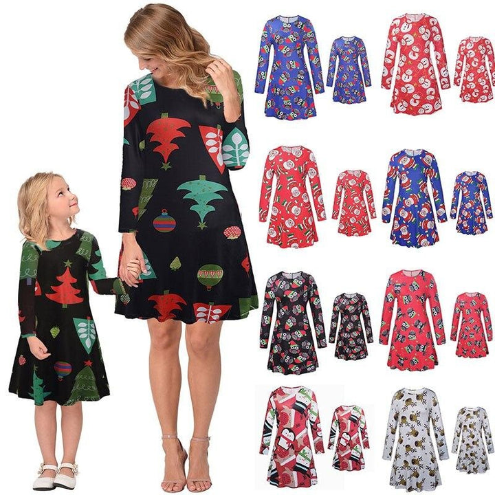 Fmaily Matching Parent-Child Dress Christmas Long-sleeved Print Look Same - MomyMall