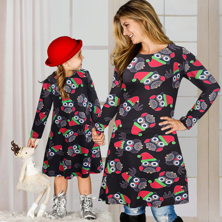 Fmaily Matching Parent-Child Dress Christmas Long-sleeved Print Look Same - MomyMall k203 black / Adult s