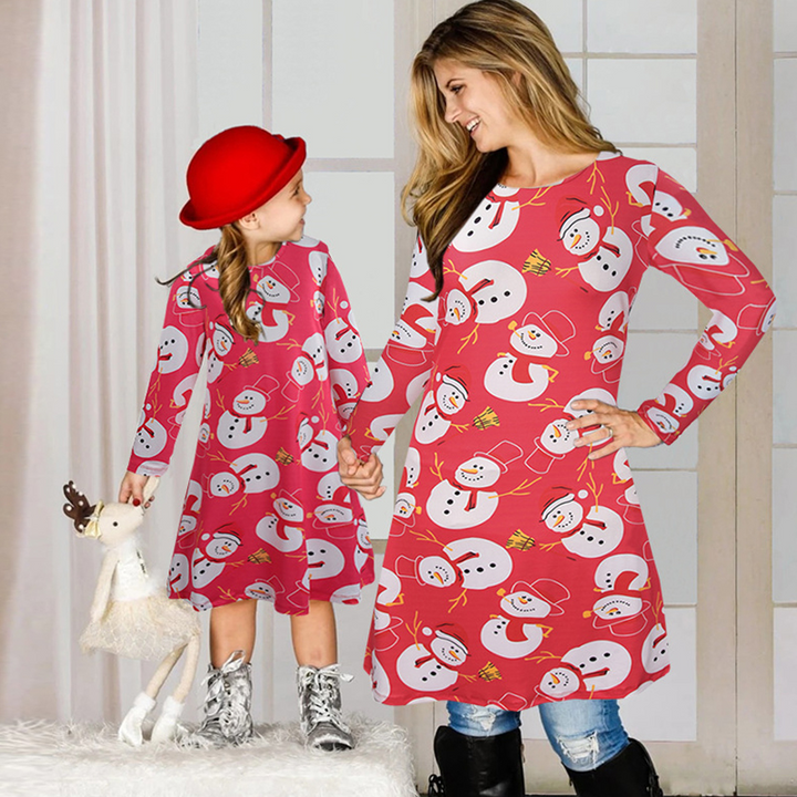 Fmaily Matching Parent-Child Dress Christmas Long-sleeved Print Look Same - MomyMall K201- red / Adult s