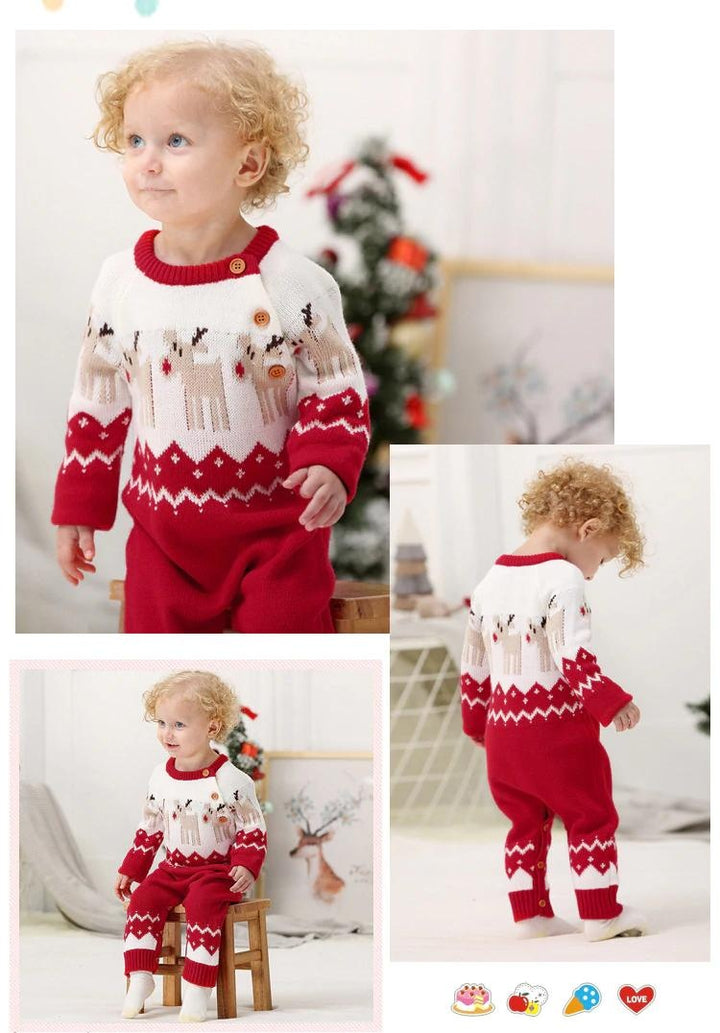 Ins Baby Hot Elk Bodysuit Christmas Autumn Sweater Jumpsuits - MomyMall Red / 3-6 Months