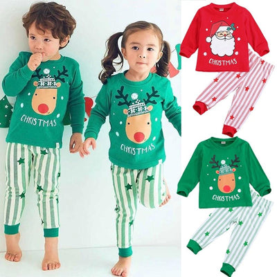 Kids Popular Christmas Print Pullover Spring Striped Pajamas Set 2 Pcs - MomyMall