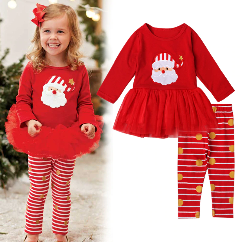 Kids Girl Christmas Deer Long-sleeved Dress+Leggings 2 Pcs - MomyMall Red / 90cm1-2years