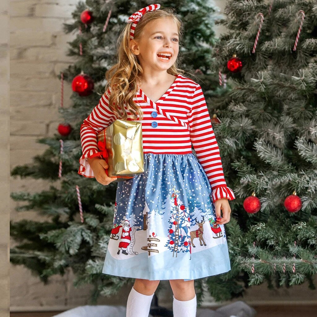 Kids Girl Spring Long Sleeve Christmas Snowman Striped Dresses - MomyMall