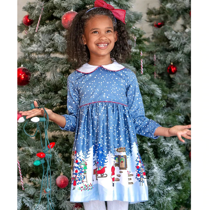 Kids Girl Spring Long Sleeve Christmas Snowman Striped Dresses - MomyMall Blue / 100cm:2-3years