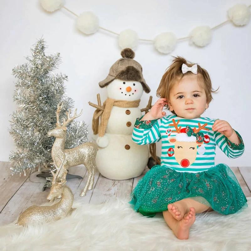 Kids Girl Spring Long Sleeve Striped Fashion Christmas Dresses - MomyMall Green / 80cm:6-12months