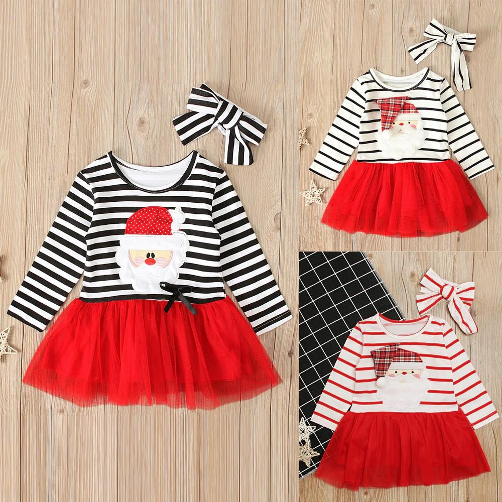 Kids Girl Spring Autumn Long Sleeve Striped Santa Claus Christmas Dress 2 Pcs