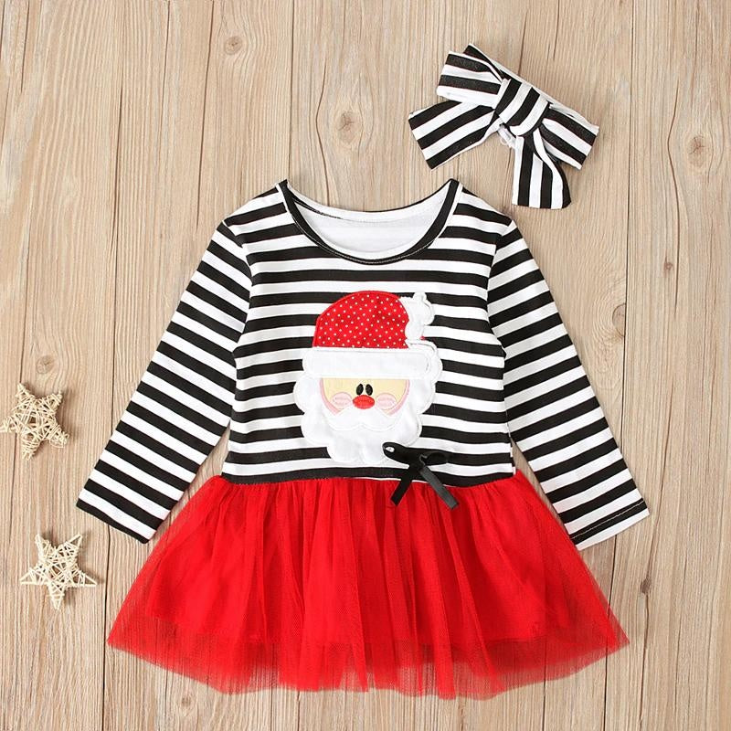 Kids Girl Spring Autumn Long Sleeve Striped Santa Claus Christmas Dress 2 Pcs