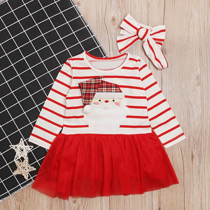 Kids Girl Spring Autumn Long Sleeve Striped Santa Claus Christmas Dress 2 Pcs