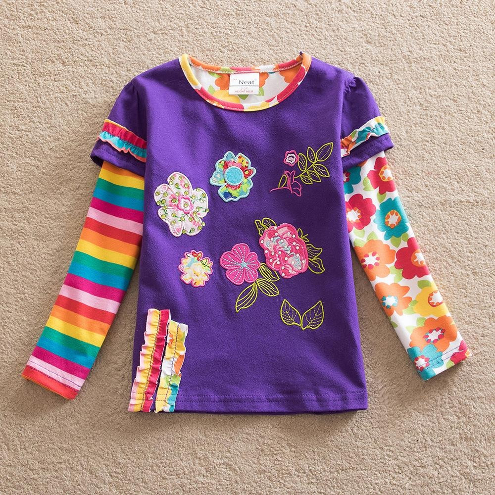 Girls Long Sleeve T-shirt Flower Tees Heart Appliques 2-8 Years - MomyMall