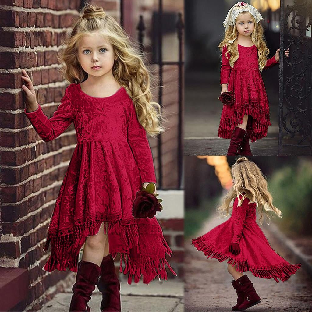 Kids Girl Gold Velvet Long Sleeve Tassel Sweet Princess Dresses - MomyMall