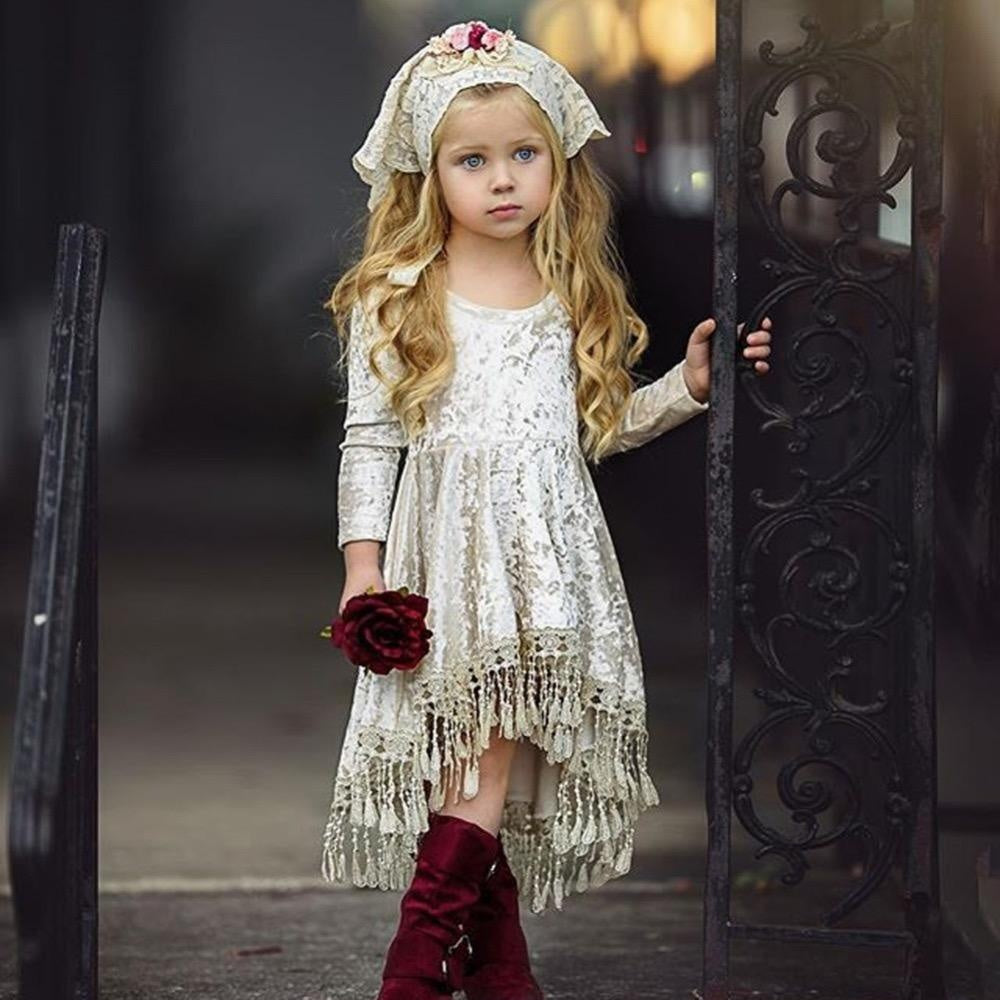 Kids Girl Gold Velvet Long Sleeve Tassel Sweet Princess Dresses - MomyMall