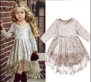 Kids Girl Gold Velvet Long Sleeve Tassel Sweet Princess Dresses - MomyMall Gold / 80cm:6-12months